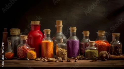 still life with bottles and glasses with spices
