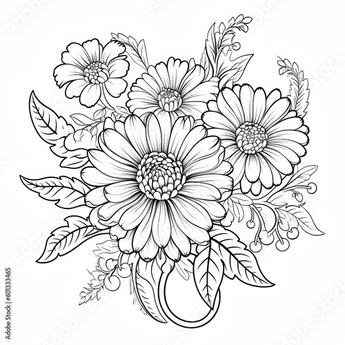 a black and white drawing of a bouquet of flowers