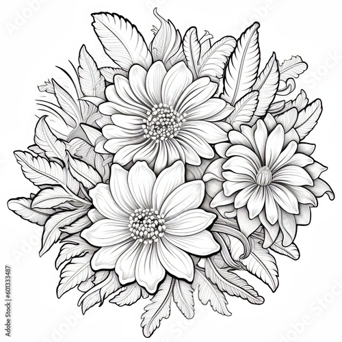 a bouquet of flowers with leaves on a white background