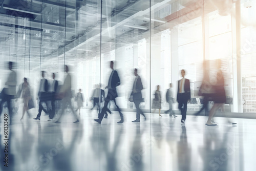 Blurred background of business people and activities inside an office building. The image captures the fast-paced and busy environment of the corporate world. Ai generated