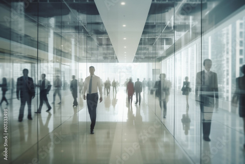Blurred background of business people and activities inside an office building. The image captures the fast-paced and busy environment of the corporate world. Ai generated