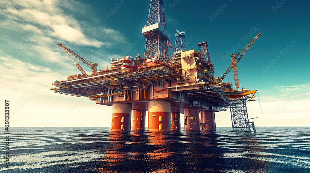 Offshore drilling rig on the sea. Oil platform for gas and petroleum or crude oil. Industrial. Generative Ai