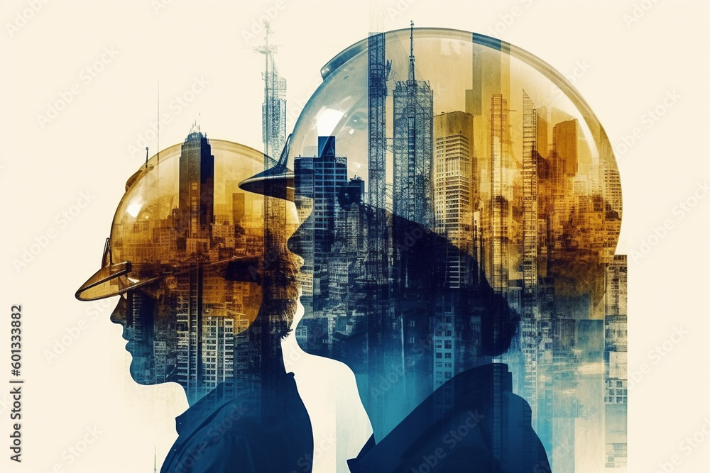 Construction site with workers and cranes, created using a double exposure technique with blue and orange colors. The artwork conveys the sense of progress and growth. Ai generated Construction site with workers and cranes, created using a double exposure technique with blue and orange colors. The artwork conveys the sense of progress and growth. Ai generated