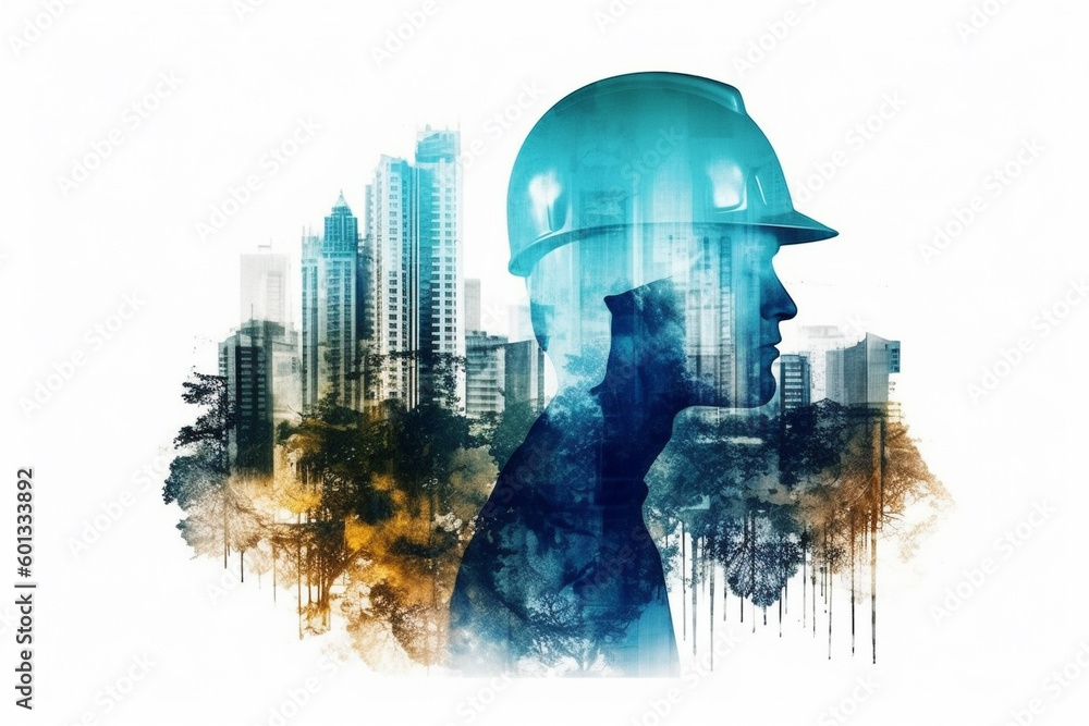 Obraz premium Construction site with workers and cranes, created using a double exposure technique with blue and orange colors. The artwork conveys the sense of progress and growth. Ai generated