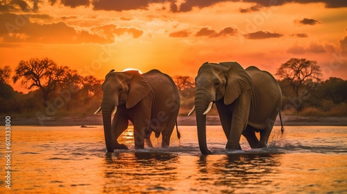 two elephants are walking through the water at sunset © PixelHub