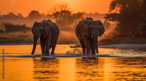two elephants walking into the water at sunset