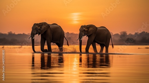 two elephants walking across a body of water