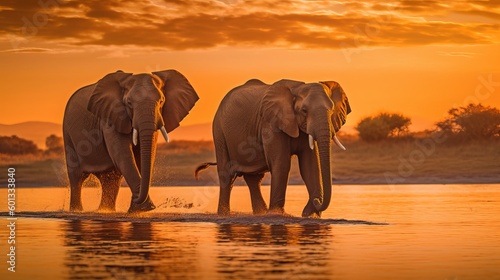 a couple of elephants walking across a body of water