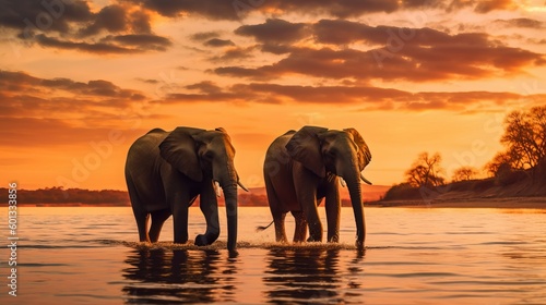 two elephants are standing in the water at sunset