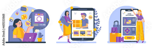 Three ladies purchasing household goods over Internet