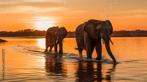 two elephants walking in the water at sunset