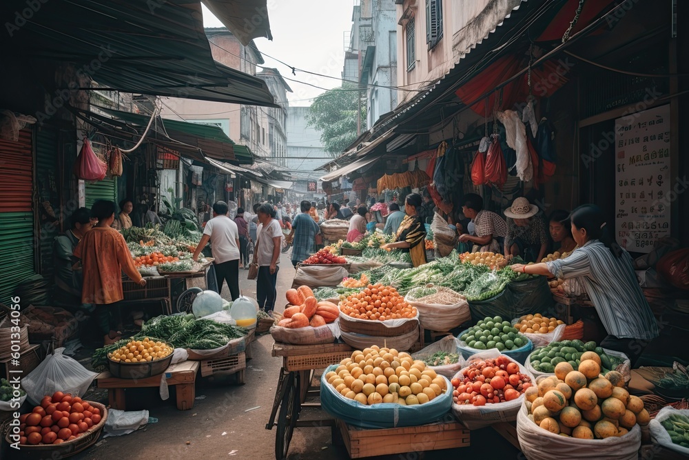 A food market in Asia with fresh fruit and vegetables (Generative AI, Generativ, KI)
