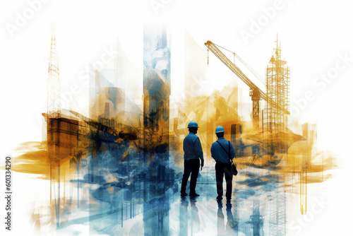 Construction site with workers and cranes, created using a double exposure technique with blue and orange colors. The artwork conveys the sense of progress and growth. Ai generated