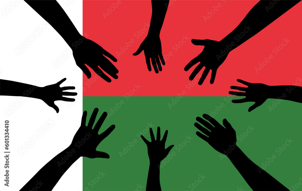 Group of Madagascar people gathering hands vector silhouette, unity or support idea Group of Madagascar people gathering hands vector silhouette, unity or support idea