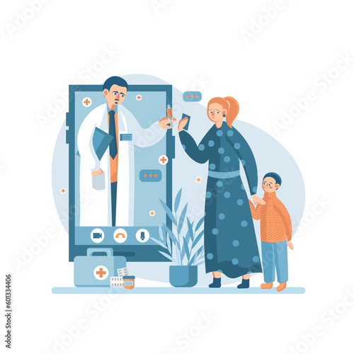 Pediatrician talking about vaccination to mother and kid over Internet