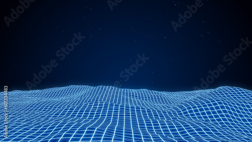 Blue Neon grid wave background, futuristic wireframe terrain, 3d rendering abstract retro computer digital data Cyberspace design