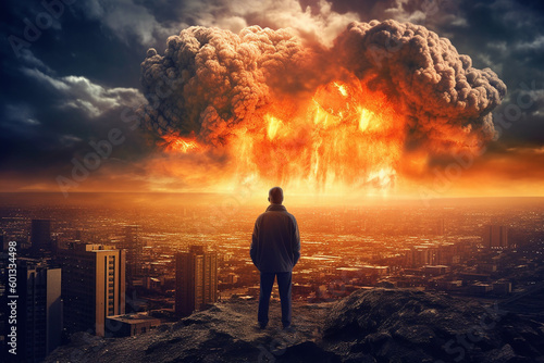 The End of All Things. Man watching the destruction of the world, featuring a giant atomic explosion, emphasizing the need for peace, diplomacy, and international cooperation. Ai generated © twindesigner