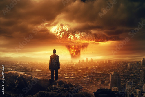 The End of All Things. Man watching the destruction of the world, featuring a giant atomic explosion, emphasizing the need for peace, diplomacy, and international cooperation. Ai generated © twindesigner