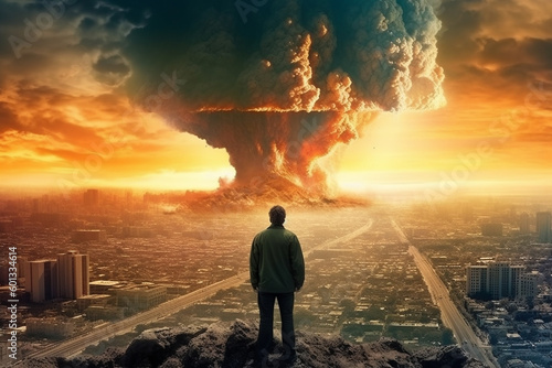 The End of All Things. Man watching the destruction of the world, featuring a giant atomic explosion, emphasizing the need for peace, diplomacy, and international cooperation. Ai generated