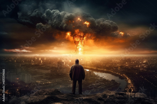 The End of All Things. Man watching the destruction of the world  featuring a giant atomic explosion  emphasizing the need for peace  diplomacy  and international cooperation. Ai generated