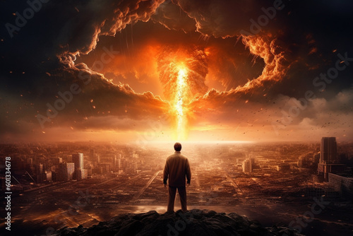 The End of All Things. Man watching the destruction of the world  featuring a giant atomic explosion  emphasizing the need for peace  diplomacy  and international cooperation. Ai generated