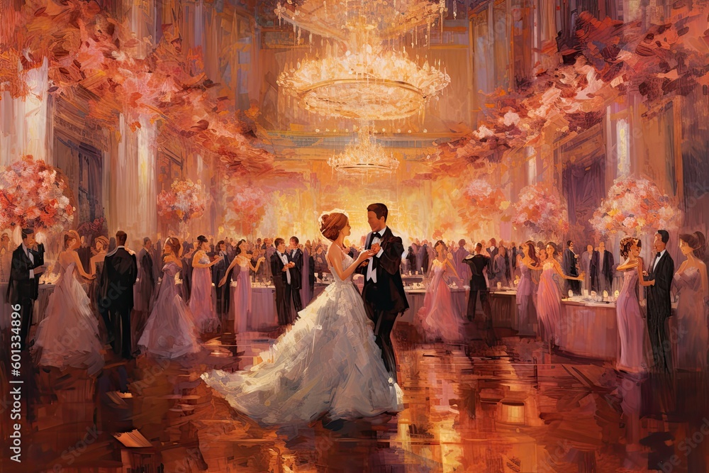 A wedding couple dance surrounded by their guests in a hall (Generative AI, Generativ, KI)