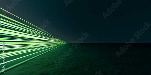 Foto Green speed light trail on road, renewable energy highway transportation concept