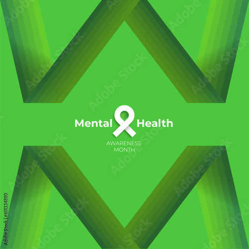Mental Health Awareness Month social media banner with green ribbon isolated on green background. Vector Mental Health may month Poster, card, flyer and background.