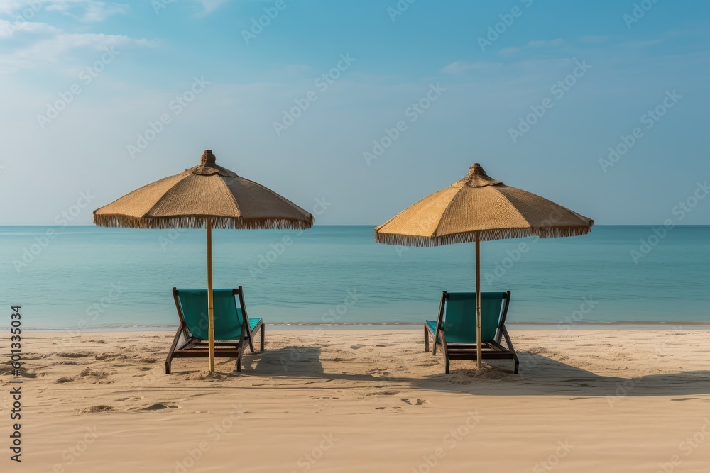 Peaceful Tropical Scene with Aligned Sun Loungers and a Vast Turquoise Sea