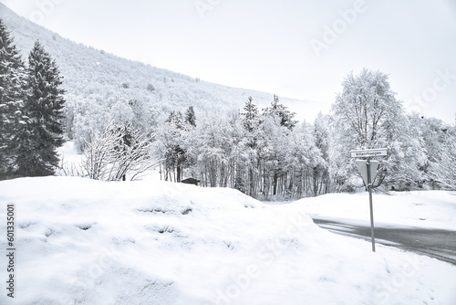 Winter landscape in Scandinavia. With snow covered trees on a mountain. Landscape