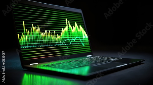 Modern laptop screen displays a line graph representing a positive trend in profit growth. Generative AI