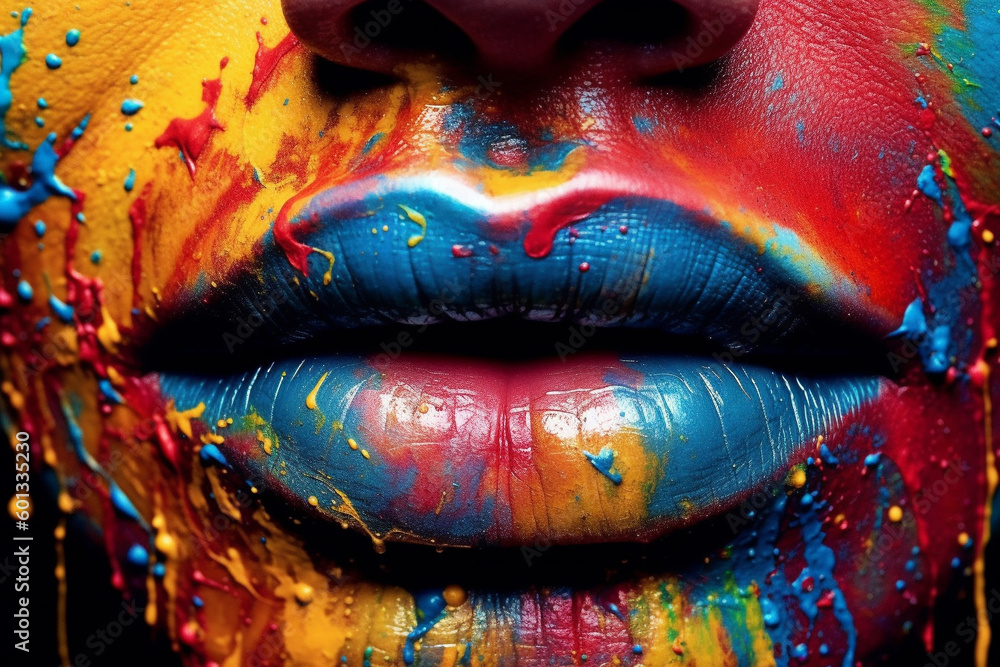 Fototapeta premium Woman's lips painted with vibrant, colorful paint. The artwork celebrates the beauty and diversity of human appearance. Ai generated