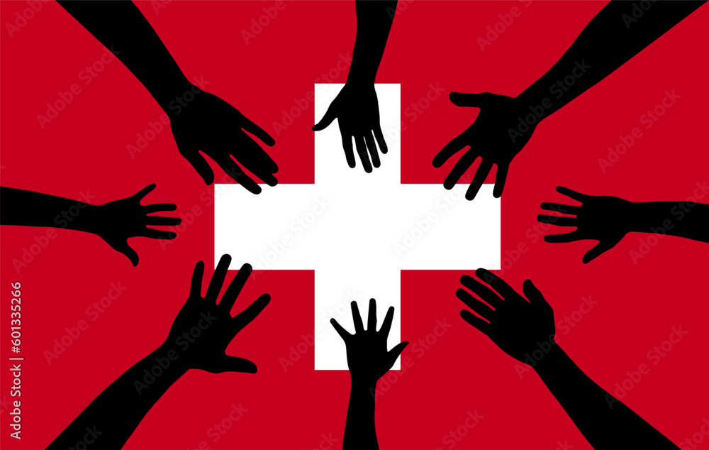 Group of Switzerland people gathering hands vector silhouette, unity or support idea Group of Switzerland people gathering hands vector silhouette, unity or support idea