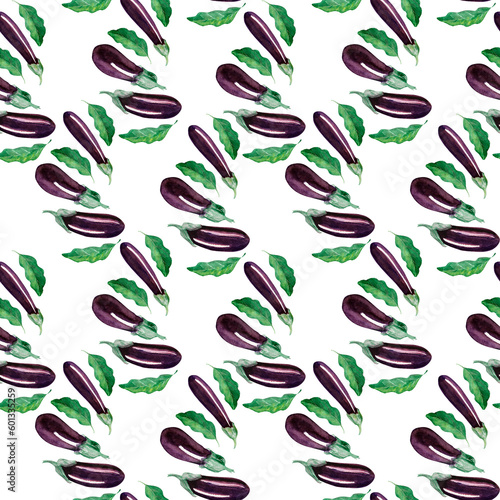 Watercolor seamless pattern with ripe shiny eggplants