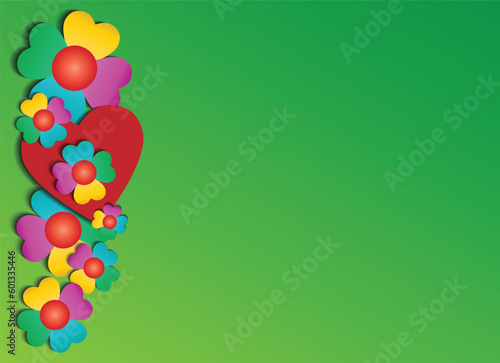Spring floral background concept. Colorful flowers on a green background.