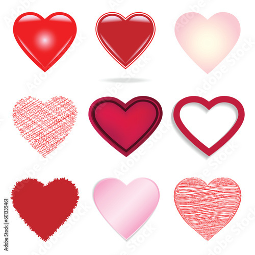Set of different hearts. Nine hearts for Valentine's Day and other holidays in different shapes.