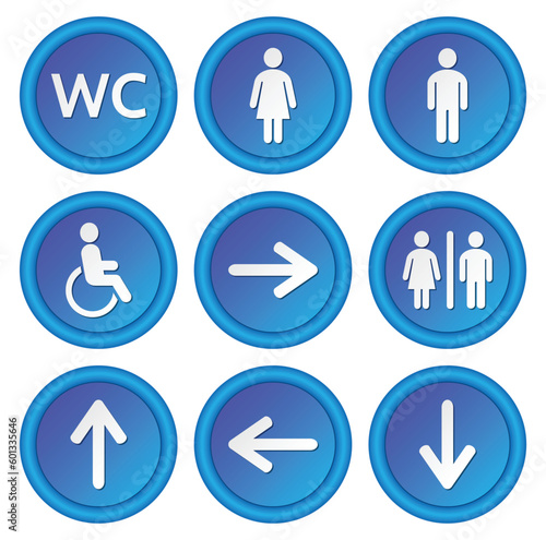 The blue roThe blue round signs set to the toilet. Various symbols with silhouettes of the toilet. und signs set to the toilet. Various symbols with silhouettes of the toilet. 