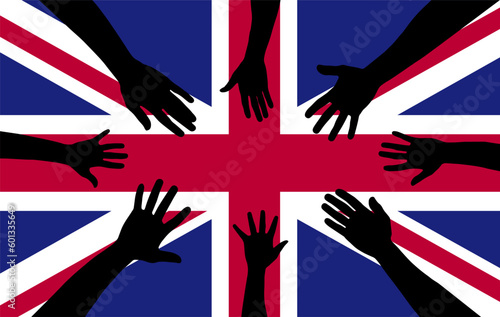 Group of United Kingdom people gathering hands vector silhouette, unity or support idea