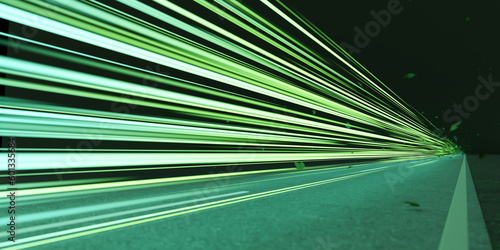 Green speed light trail on road with leaves, renewable energy highway transportation concept, clean eco power car street light at night, zero emission electric vehicle technology 3d rendering