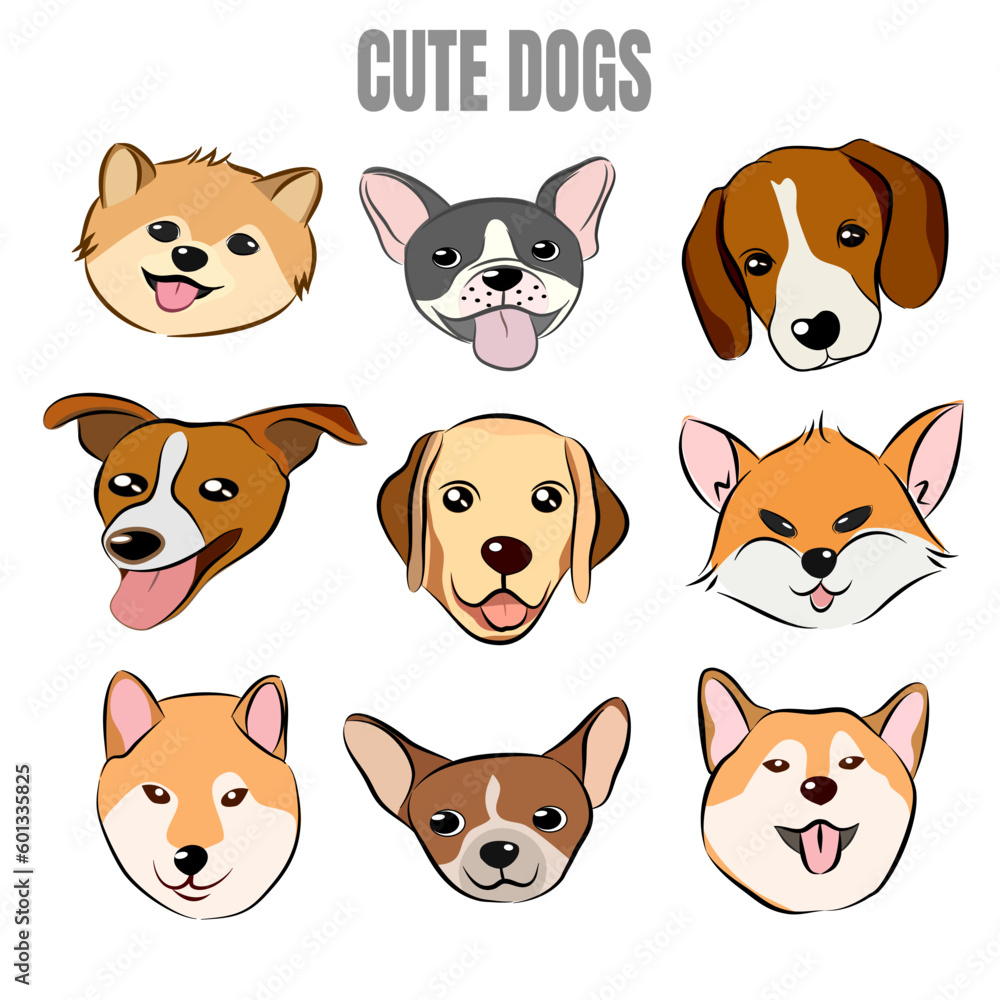 Obraz premium Flat style dog head icons. Cartoon dogs faces set. Illustration isolated on white