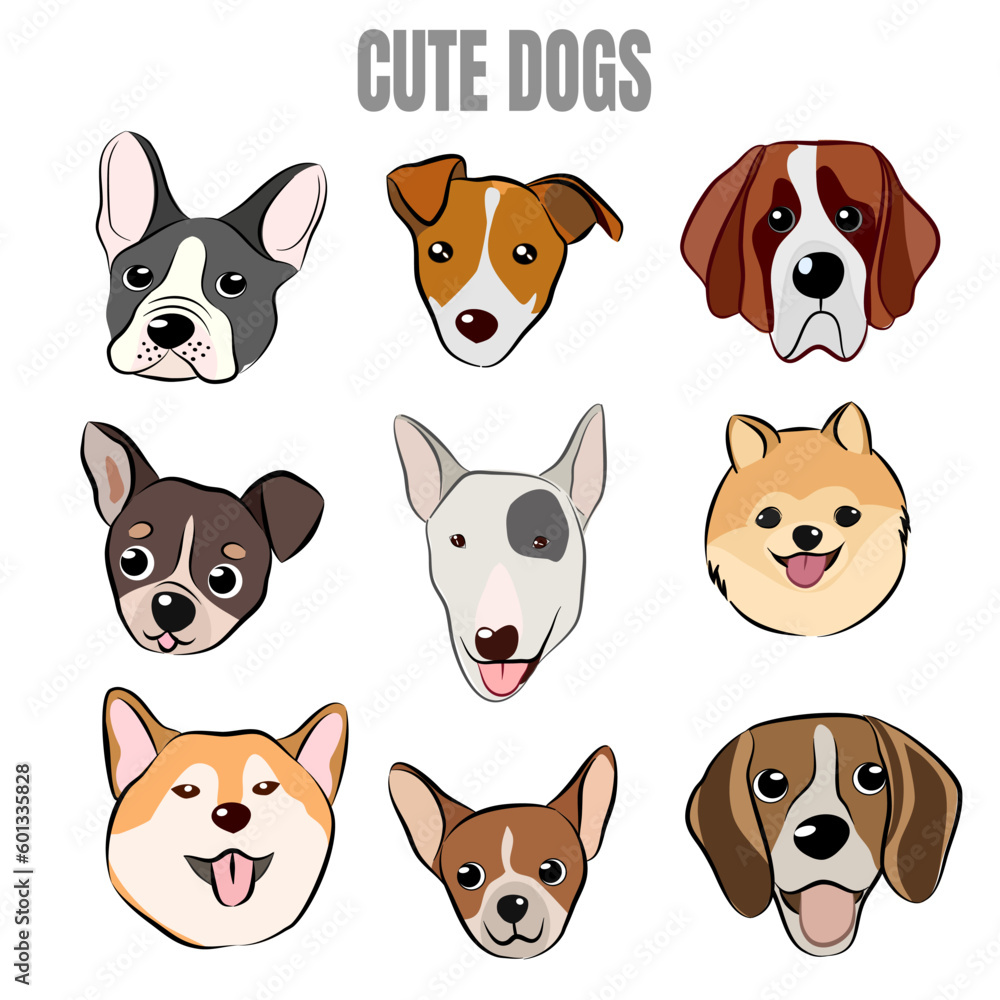 Fototapeta premium Flat style dog head icons. Cartoon dogs faces set. Illustration isolated on white