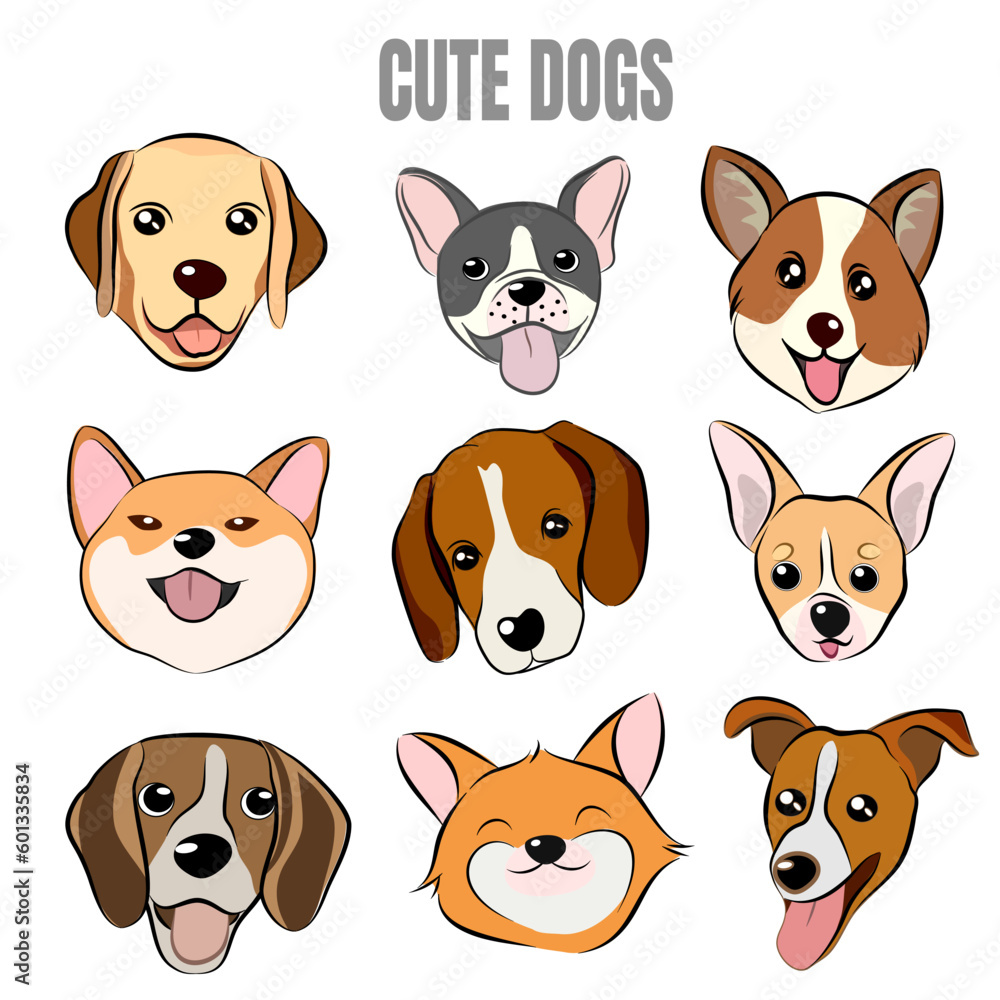 Flat style dog head icons. Cartoon dogs faces set. Illustration isolated on white