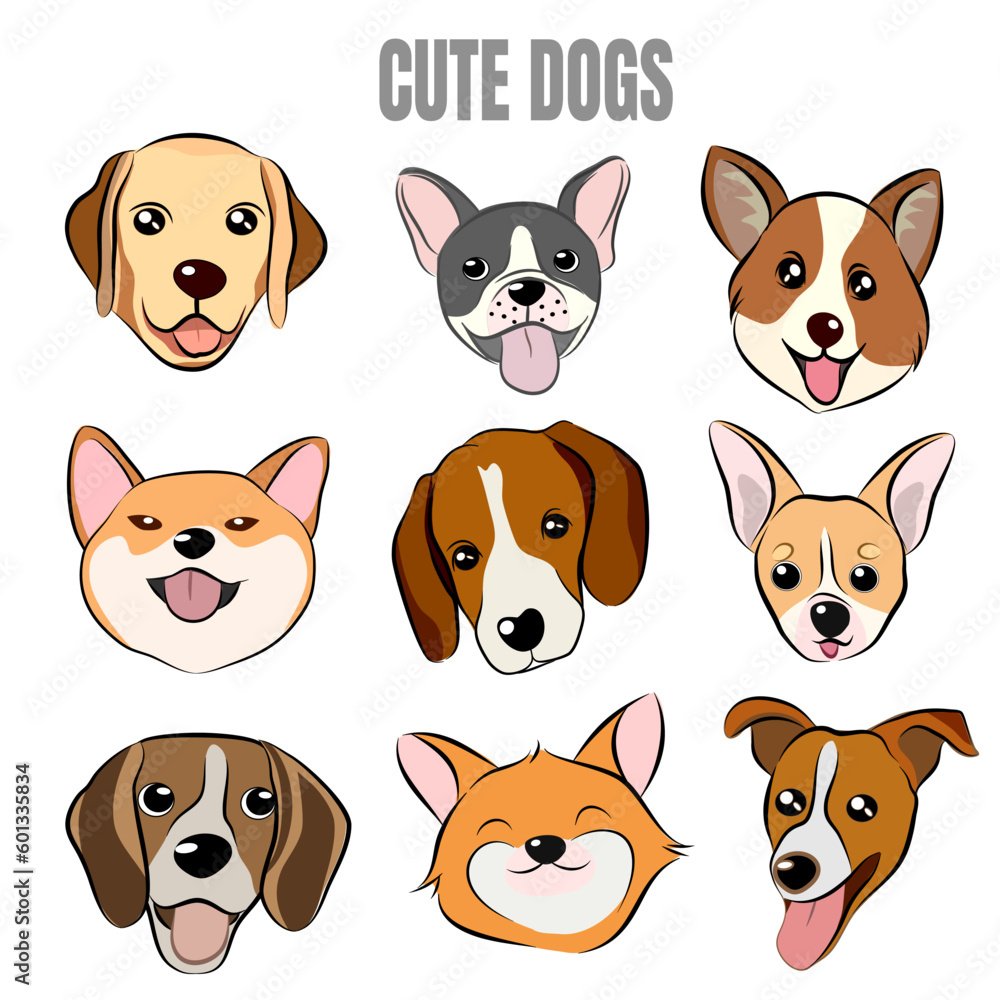 Flat style dog head icons. Cartoon dogs faces set. Illustration isolated on white Flat style dog head icons. Cartoon dogs faces set. Illustration isolated on white