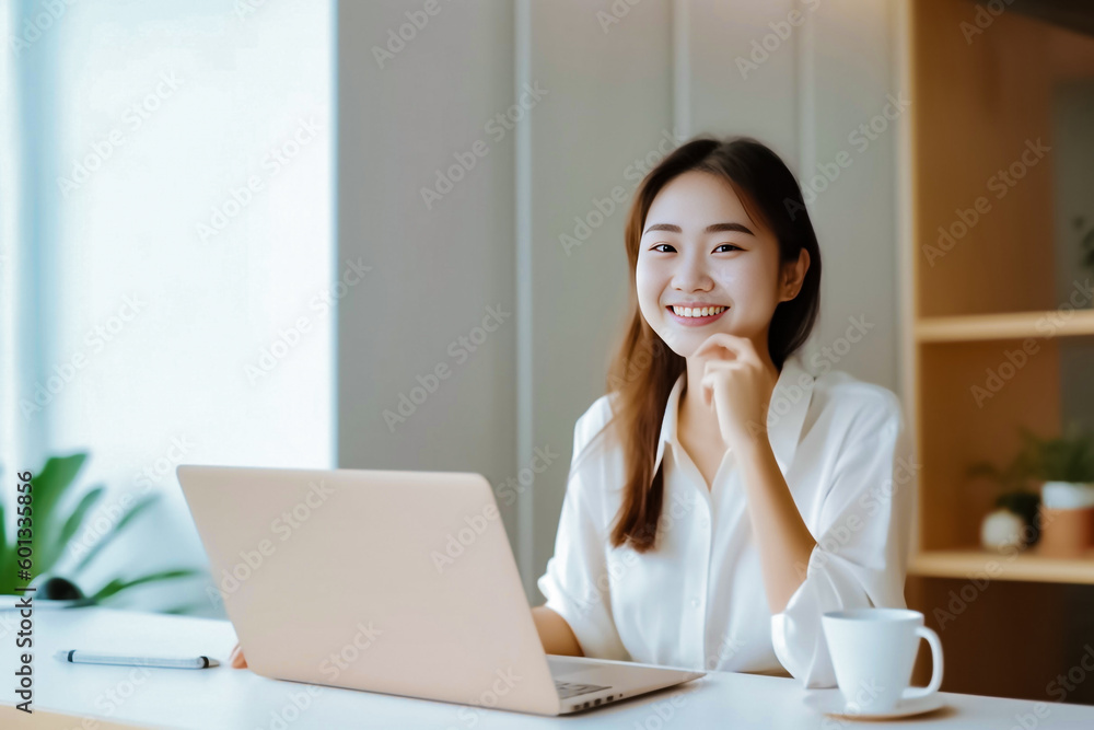 A young and enthusiastic Asian woman posing confidently in front of her laptop, surrounded by a vibrant and modern office environment. A young and enthusiastic Asian woman posing confidently in front of her laptop, surrounded by a vibrant and modern office environment.