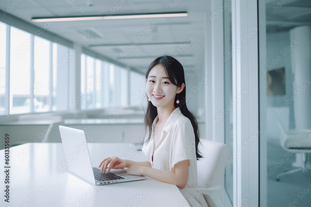 A young and enthusiastic Asian woman posing confidently in front of her laptop, surrounded by a vibrant and modern office environment. A young and enthusiastic Asian woman posing confidently in front of her laptop, surrounded by a vibrant and modern office environment.