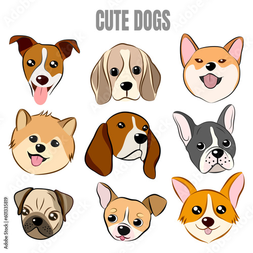 Flat style dog head icons. Cartoon dogs faces set. Illustration isolated on white