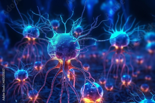 Neural network made of neurons with connected bioluminescent elements, featuring a close-up detail of the intricate web of neural connections. Ai generated