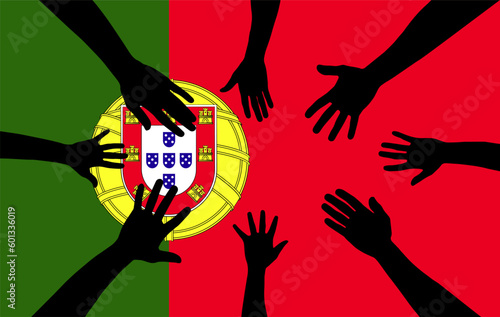 Group of Portugal people gathering hands vector silhouette, unity or support idea