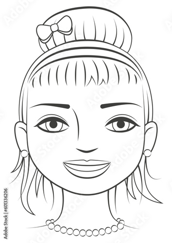 Vecteur pour livre de coloriage, visage féminin avec coiffure en chignon, grands yeux en amande et collier de perles, thème beauté et mode, dessin trait noir