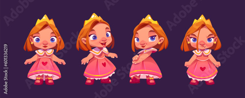 Cute little princess character in pink dress and gold crown. Fairytale queen, beautiful girl happy, angry and show tongue, vector cartoon set isolated on background